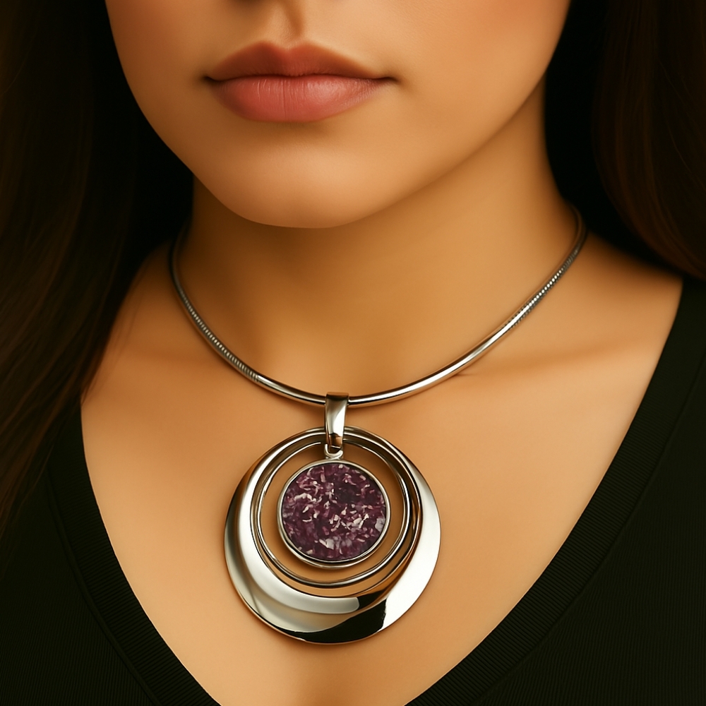 Multi Hoops Flower Pendant Statement Necklace - Polished Silver tone